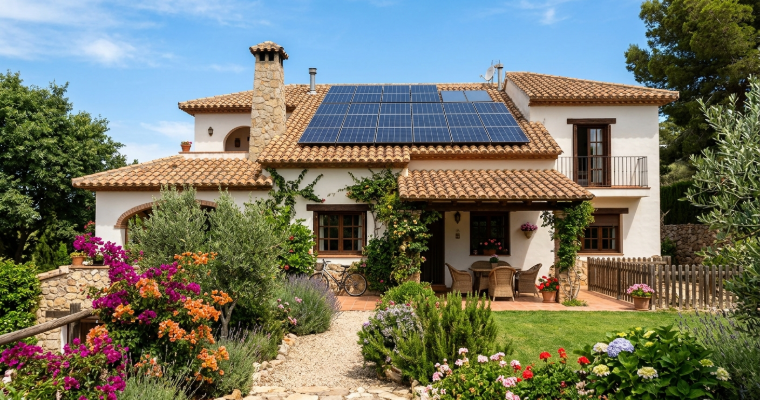 Casa española con placas solares en el tejado y jardín mediterráneo