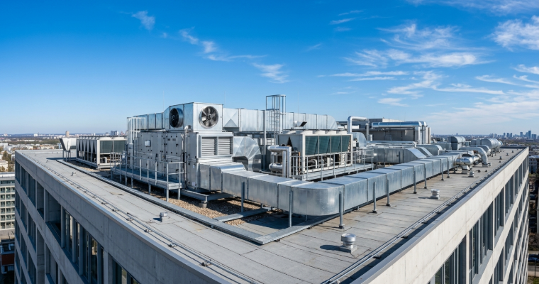 Sistema HVAC en azotea de edificio comercial con cielo azul