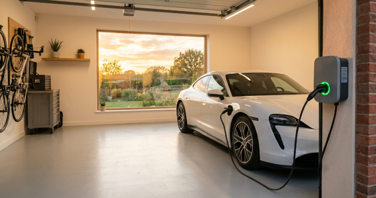 Coche eléctrico cargando en wallbox doméstico con luz de atardecer