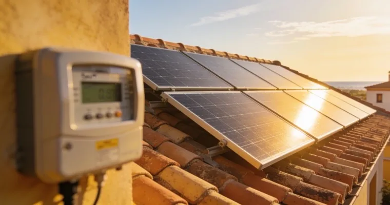 Placas solares en un tejado mediterráneo con un contador inteligente en primer plano al atardecer