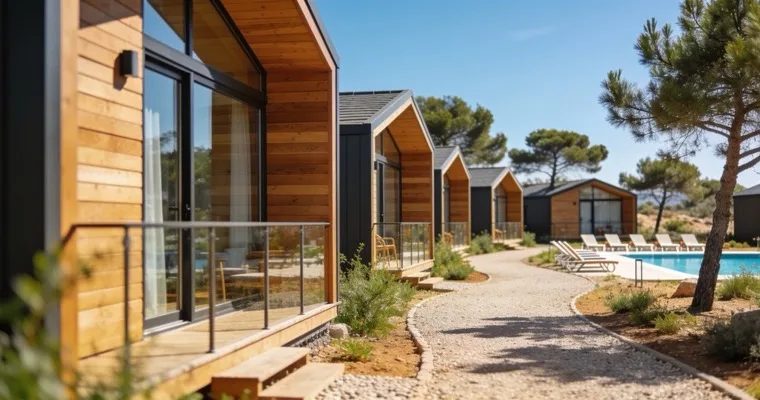 Bungalows modernos de madera junto a la piscina de un camping mediterráneo