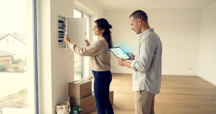 Pareja abriendo el cuadro eléctrico de un piso recién alquilado entre cajas de mudanza