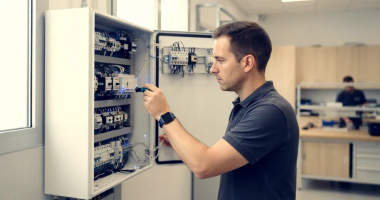 Técnico revisando un armario eléctrico con batería de condensadores en un taller
