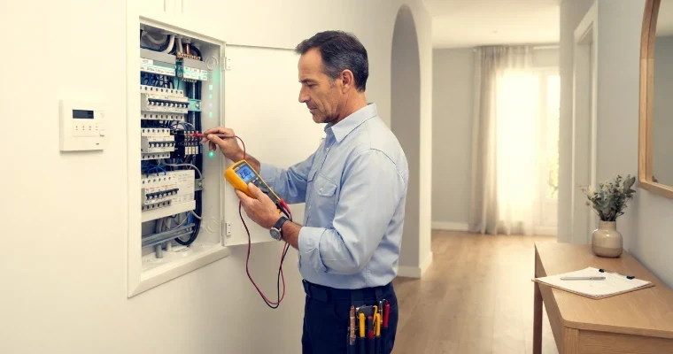 Electricista comprobando con un multímetro el cuadro eléctrico de una vivienda