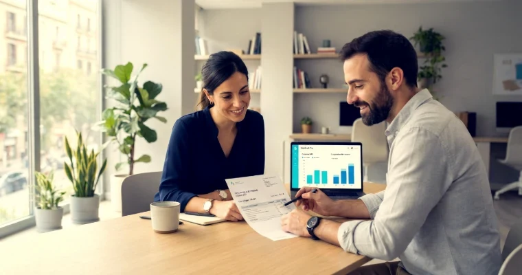 Dos profesionales revisando una factura de luz de empresa con un portátil