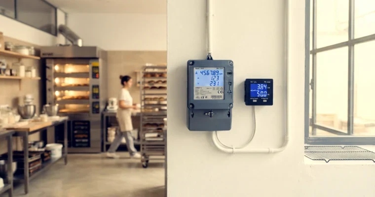 Contador eléctrico y monitor de potencia en la pared de un obrador