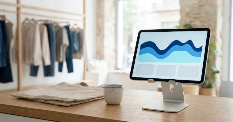 Tableta en el mostrador de una tienda de ropa con una gráfica de consumo eléctrico en tres tonos de azul