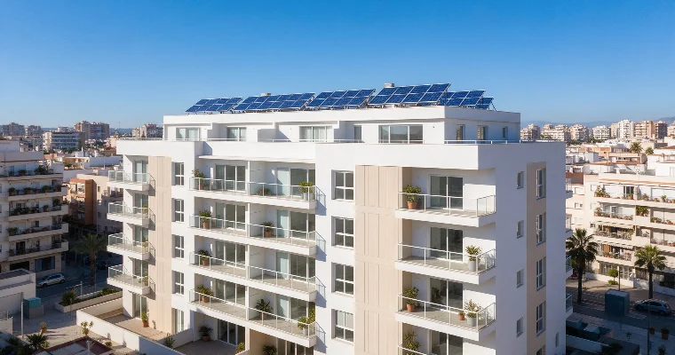 Bloque de viviendas con placas solares en la azotea bajo un cielo azul limpio