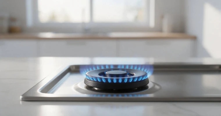 Fogón de gas con la llama azul encendida en la encimera blanca de una cocina luminosa