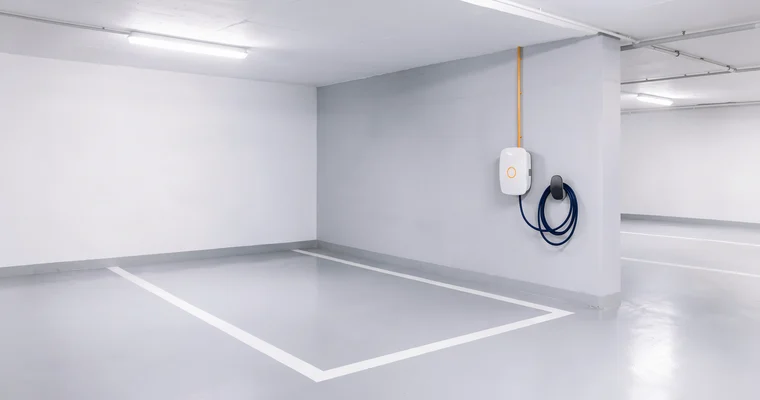 Punto de recarga instalado en la pared de una plaza de garaje comunitario