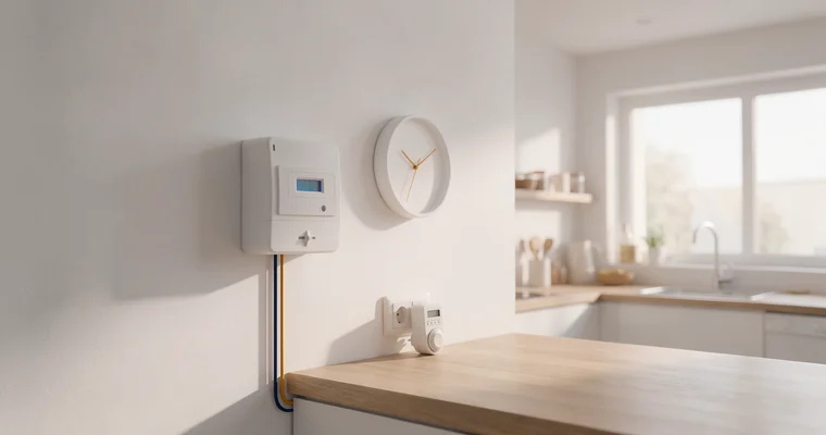 Contador inteligente y reloj de pared en una cocina luminosa
