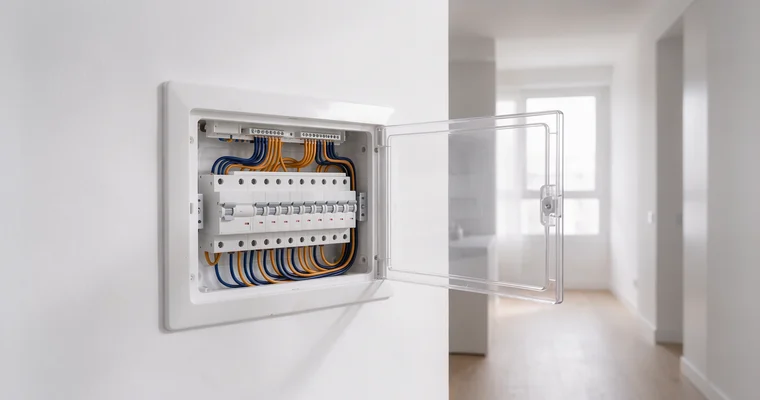 Cuadro eléctrico abierto de una vivienda, con los interruptores de la potencia contratada