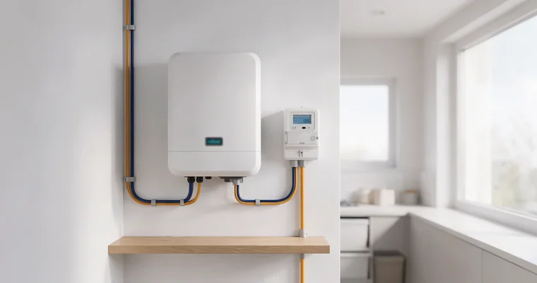 Inversor solar conectado al contador bidireccional en la pared de una vivienda